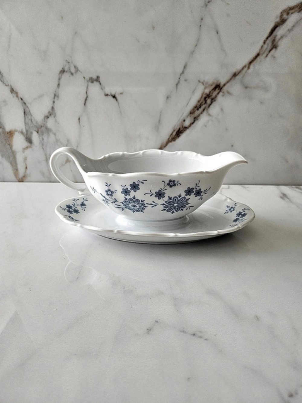 Vintage Seltmann Weiden "Christina" Bavarian Blue Gravy Boat W/ Underplate
